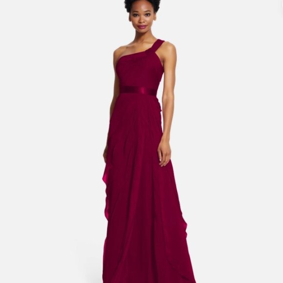 Size 10 Adrianna Papell Deep Wine Draped One Shoulder Flutter Gown Formal Dress - Picture 3 of 5